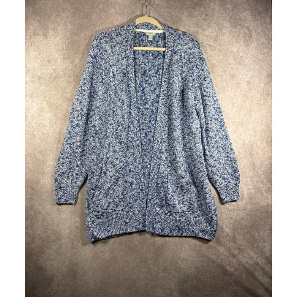 LL Bean Cardigan Women XL Blue Open Front Marled Knit Cotton Casual Cozy Coastal